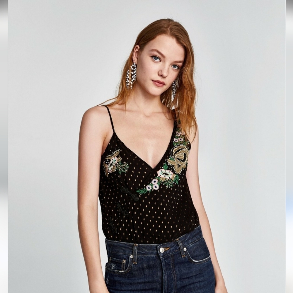 Zara Black Embroidered Bodysuit With Beading